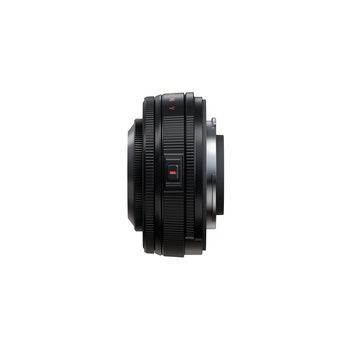 Black prime lens with horizontal ribbed barrel and focus ring, shown in profile against white background.