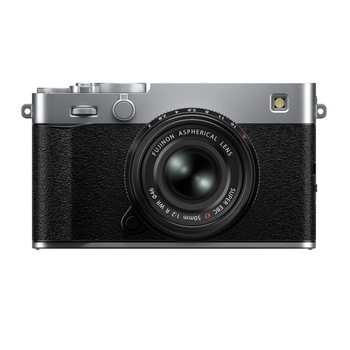 Rangefinder camera with gray top plate and black textured bottom, featuring a fixed lens with aperture and focus rings.