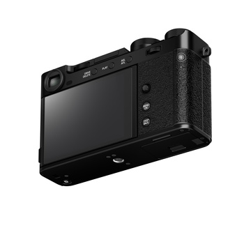 Mirrorless camera with articulating rear screen and textured grip, shown in three-quarter view against white background.