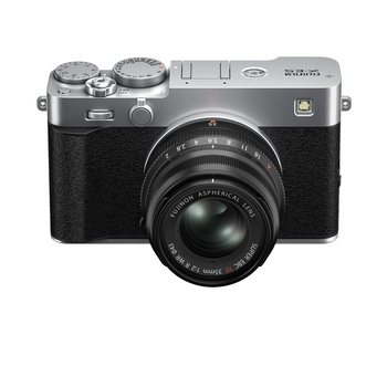 Rangefinder camera with fixed lens, featuring a black textured body, dual top-plate dials, and mechanical controls.