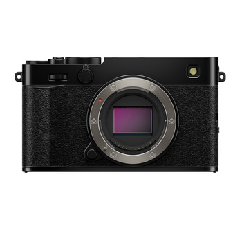 Mirrorless camera with black textured body and exposed sensor mount viewed from front.