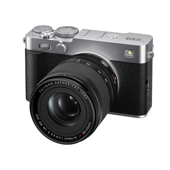 Fujifilm X100V compact digital camera with fixed prime lens and silver-black body.