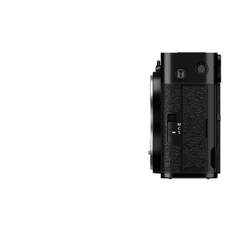 Side view of a compact black mirrorless camera body with articulating screen and textured grip.
