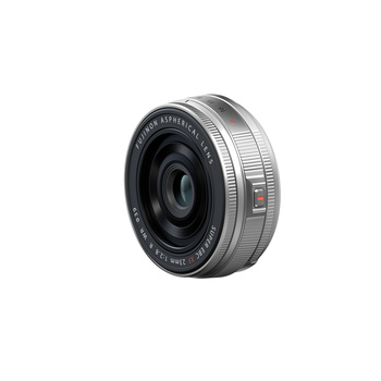 Compact mirrorless camera lens with silver barrel and black front element on white background.
