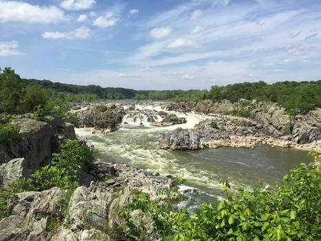Rocky river gorge with whitewater rapids flowing between steep cliff faces beneath forested hillsides.