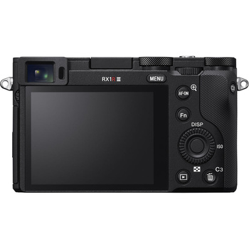 Rear view of a mirrorless camera displaying the LCD screen and control buttons on the right side panel.