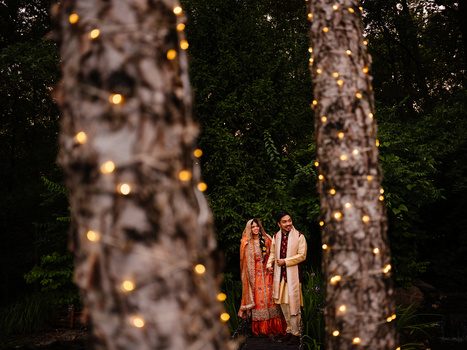 Couple in traditional Indian wedding attire stands between illuminated tree trunks at night.