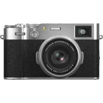 Rangefinder camera with silver top plate, black textured body, and fixed lens viewed from front.