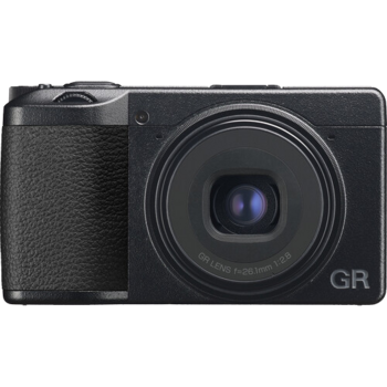 Ricoh GR compact digital camera with black textured grip and fixed wide-angle lens.