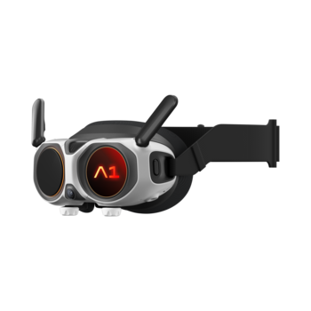 Gimbal stabilizer with dual handles, articulating arm, and circular red display screen shown against white background.