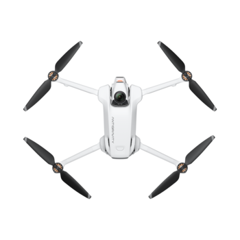 White compact drone with four black propellers arranged in top-down view against white background.