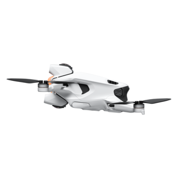 Compact folding drone with white and black body, four propellers, and extended camera gimbal against white background.