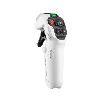White handheld wireless camera remote control with black top panel, grip handle, and red button detail.