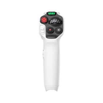 White handheld remote control with circular button array and illuminated status indicators at top.