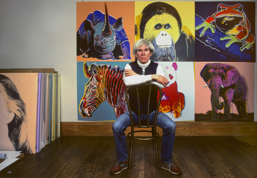 Man seated in front of colorful pop art animal portraits displayed on a gallery wall.