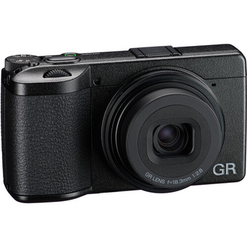Ricoh GR compact digital camera with black textured body and fixed lens against white background.