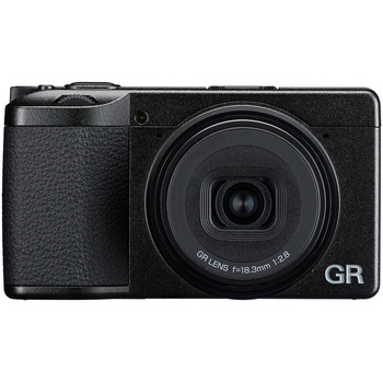 Ricoh GR compact digital camera with fixed lens, shown from above against white background.
