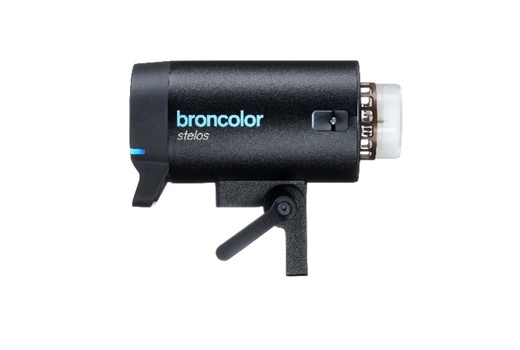 Broncolor Siros compact studio flash unit with adjustable head and mounting bracket.