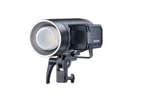 Professional studio light with fresnel lens mounted on adjustable stand with handle.