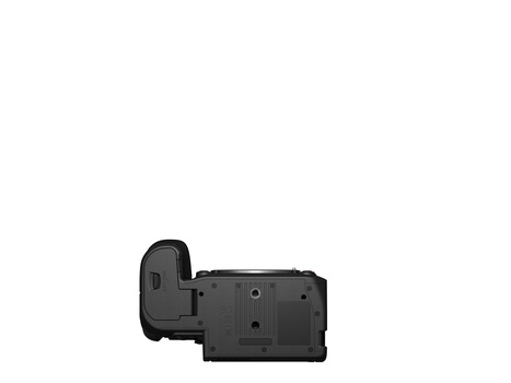 Rear view of a mirrorless camera with articulating screen and grip attachment.