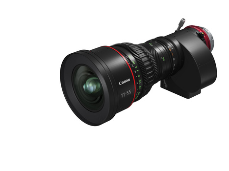 Canon cinema lens with red accent ring and black focus motor attachment on white background.
