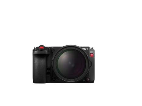 Black mirrorless camera with large zoom lens and red accent buttons on white background.