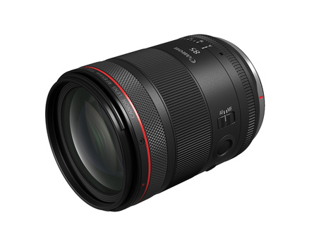Canon RF-mount telephoto zoom lens with red accents and textured grip rings.