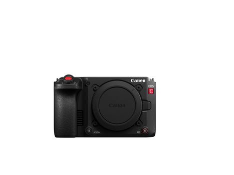 Canon EOS R5C mirrorless camera body shown from front three-quarter angle against white background.
