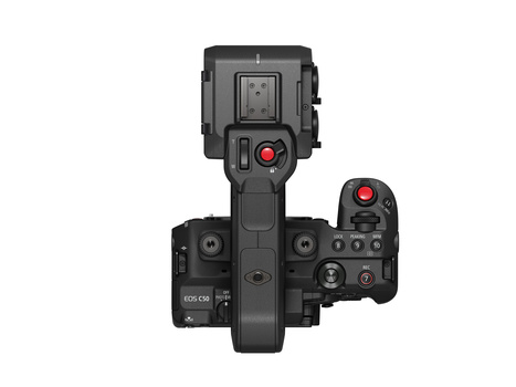 Top-down view of a professional video camera rig with monitor and wireless remote control.