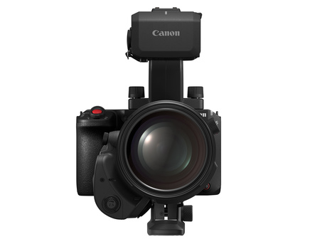 Canon cinema camera with telephoto lens and top-mounted monitor against white background.