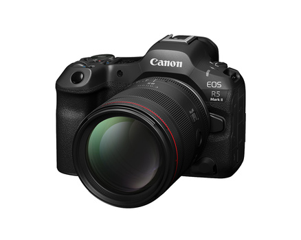 Canon EOS R5 Mark II mirrorless camera with attached telephoto lens against white background.