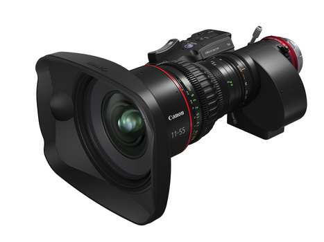 Canon cinema lens with wide-angle lens hood and focus marking ring attached to camera body.