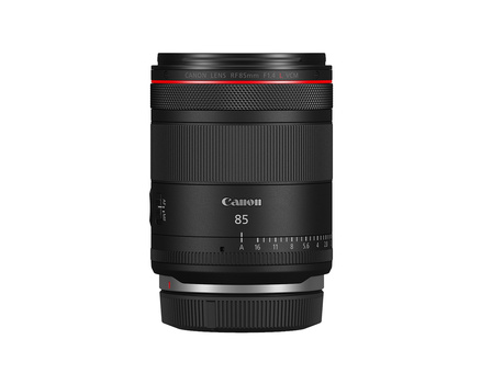 Canon RF 85mm f/1.2L USM lens with red control ring, photographed against white background.