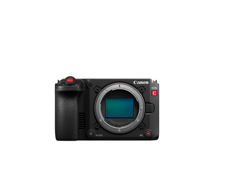 Canon EOS R5C mirrorless camera body shown from front, displaying sensor and lens mount.