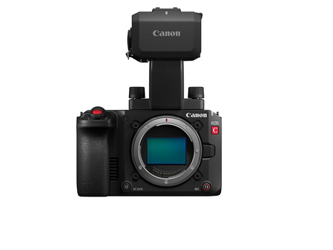 Canon EOS R5C mirrorless camera body with mounted Canon speedlite flash against white background.