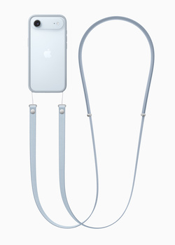 Light blue smartphone with attached cord lanyard against white background.