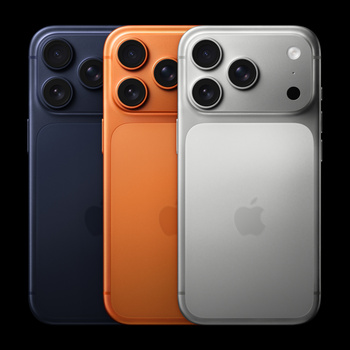 Three smartphone cases displayed in dark blue, orange, and translucent finishes showing triple camera lens modules.
