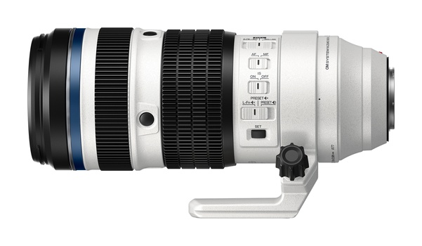 White and black telephoto lens with blue stripe, control rings, and tripod collar mount shown in profile.