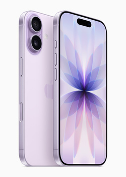 Purple smartphone shown front and back, displaying dual rear cameras and blue-tinted display wallpaper.