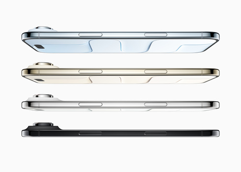 Four smartphones displayed edge-on in a row, showing color variants from light blue to black.