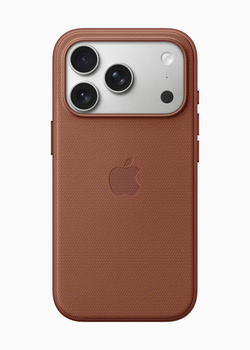 Smartphone with tan leather case and triple camera system on white background.
