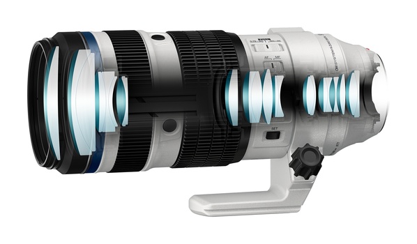 Illustration of a telephoto camera lens with internal optical elements visible in cross-section.