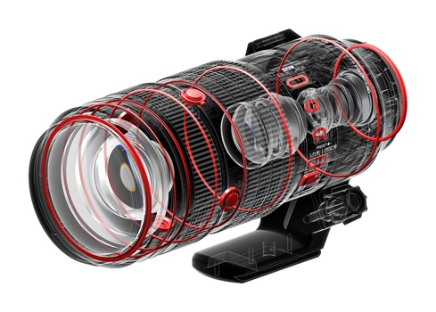 Cutaway technical illustration of a telephoto lens showing internal optical and mechanical components in red and black.