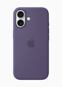 Purple silicone smartphone case with dual rear camera cutouts and Apple logo visible on back.
