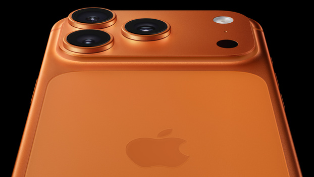 Orange smartphone with triple rear camera system and single front camera against black background.