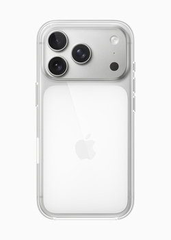 Clear protective phone case with quad camera array and minimal branding visible on back.