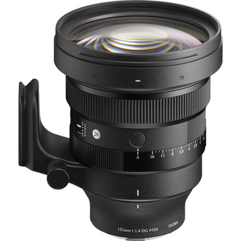 Fast telephoto lens with optical elements visible through barrel, manual focus ring, and aperture scale marked on matte black finish.