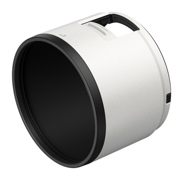 White cylindrical lens hood with black interior and textured grip ring.