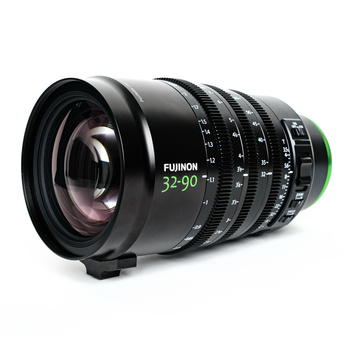 Fujifilm 52.9mm cinema lens with multiple focus rings and aperture markings on black barrel.
