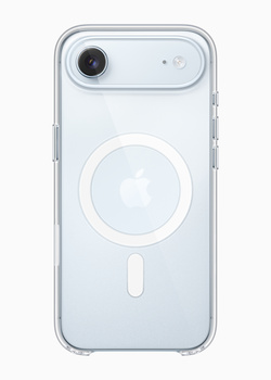 Clear protective case for smartphone with circular magnetic attachment ring on back.